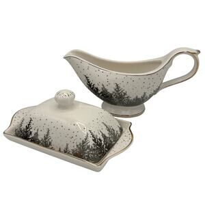 Grace Teaware Fine Porcelain Butter Dish Gravy Boat Grey Silver Tree holiday
